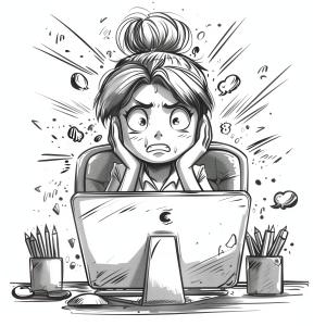 Stressful scene of a young woman overwhelmed by work at her computer. 

