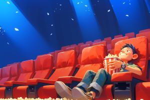 A joyful boy enjoys popcorn in a vibrant movie theater setting. 

