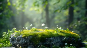 A tranquil moss-covered rock with white flowers, surrounded by soft green foliage and gentle light. 

