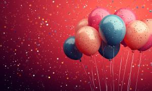 Colorful balloons with confetti on a red background, perfect for festive presentations. 

