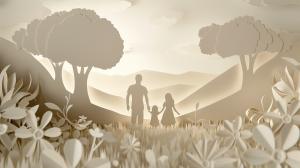A serene paper cut-out scene of a father and child in a tranquil landscape.

