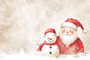 Santa Claus and a snowman in a snowy, festive illustration.