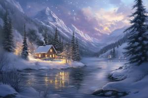 A cozy cabin by a river in a snowy winter landscape, illuminated by warm lights under a twilight sky. 

