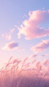 A tranquil landscape of tall grasses under a pastel sky with fluffy clouds.


