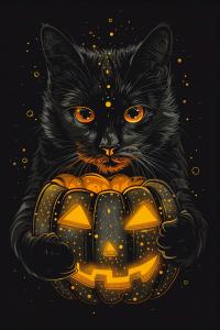 A black cat with orange eyes holds a glowing pumpkin, perfect for Halloween-themed presentations. 

