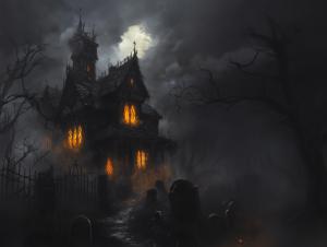 A dark, eerie mansion surrounded by fog and gravestones, illuminated by flickering orange lights. 

