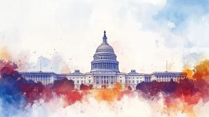 A vibrant watercolor depiction of the U.S. Capitol building, ideal for political or historical presentations.