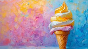 Ice cream cone with colorful swirls on a vibrant pastel background. 

