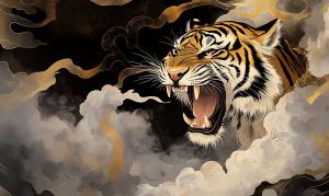 A fierce tiger roaring amidst dark clouds and golden accents, symbolizing power and intensity.

