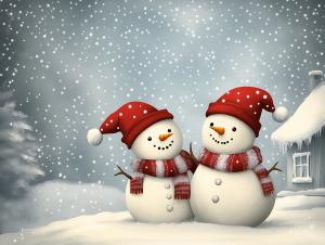 Snowmen in winter landscape with falling snow and cozy house, perfect for holiday-themed presentations.