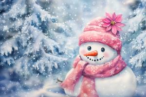 A cheerful snowman with a pink scarf and flower, set in a snowy winter landscape.