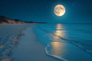A tranquil nighttime beach scene with a full moon and gentle waves. 

