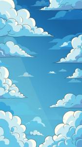A whimsical cartoon sky with fluffy clouds against a bright blue backdrop.

