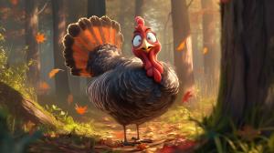 A playful cartoon turkey in a colorful autumn forest setting. 

