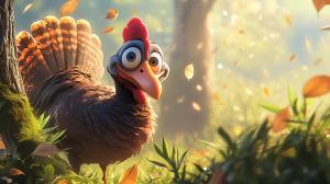 A playful animated turkey in a vibrant autumn forest setting. 

