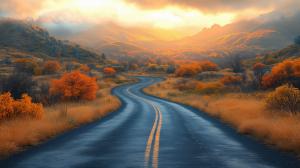A winding road through vibrant autumn foliage under a golden sunset, creating a serene landscape.

