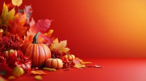A vibrant autumn scene with pumpkins and colorful leaves against a warm gradient background.