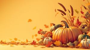 A vibrant autumn scene with pumpkins and colorful leaves on a warm orange background. 

