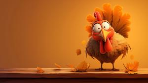A playful cartoon turkey on a warm orange background with autumn leaves, perfect for Thanksgiving themes. 

