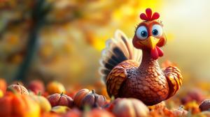 A cheerful cartoon turkey surrounded by colorful pumpkins in a warm autumn setting.