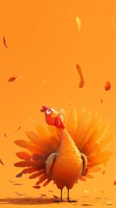 A cheerful cartoon turkey with vibrant feathers against an orange background, perfect for festive themes.