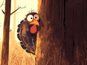 A cartoon turkey peeks from behind a tree in a warm, autumn forest setting.