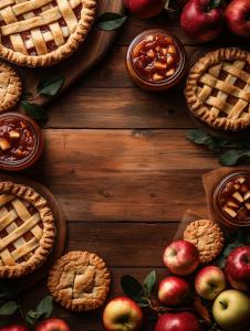 A cozy arrangement of apple pies, jam, and fresh apples on a rustic wooden table.

