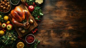 A beautifully arranged roasted turkey with fresh fruits and vegetables on a rustic wooden background.