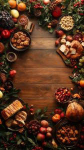 A vibrant autumn food spread featuring fruits, baked goods, and decorative elements on a wooden table.

