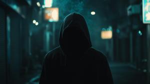A shadowy figure in a hood stands in a dimly lit alley, creating a mysterious atmosphere. 

