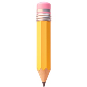A cartoon representation of a traditional yellow pencil with a pink eraser and a pointed graphite tip. PNG Image with transparent background.