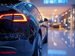 A sleek luxury car in a modern showroom with illuminated taillights and reflective surfaces. 

