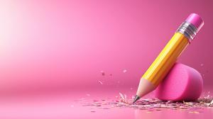 Bright pink background with a yellow pencil and pink eraser, surrounded by colorful shavings. 

