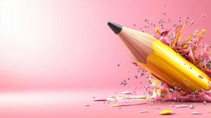A vibrant yellow pencil bursting through colorful paint splashes on a pink background.

