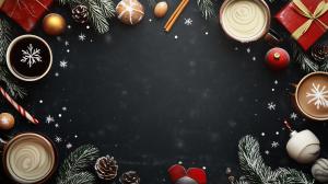 A festive winter-themed arrangement with hot beverages, ornaments, and pine branches on a dark background. 

