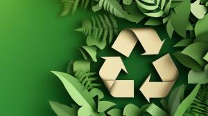 A green background with a recycling symbol surrounded by paper-cut leaves, emphasizing sustainability and nature. 

