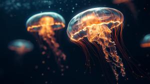 A serene underwater scene of glowing jellyfish in dark waters, perfect for marine-themed presentations.

