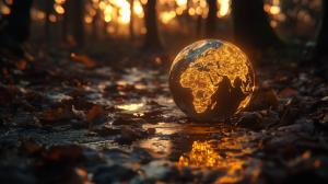 A glowing globe on a forest floor, symbolizing environmental awareness and global unity.

