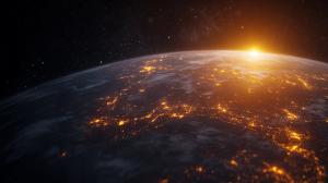 This stunning Earth view from space showcases city lights and a rising sun against a starry backdrop.

