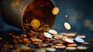 A dynamic scene of coins spilling from a container, symbolizing wealth and financial themes. 

