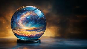A crystal ball showcasing a vibrant galaxy within, set against a dark and warm backdrop.