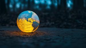 A glowing globe on a textured surface, highlighting continents in yellow against a blue ocean backdrop.