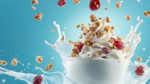 This image features a creamy dessert with granola and raspberries, surrounded by a splash of milk on a blue background. 

