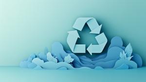This image features a layered paper-cut recycling symbol on a light blue background, emphasizing sustainability.

