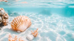 A tranquil underwater scene with a scallop shell and coral, showcasing serene turquoise waters. 


