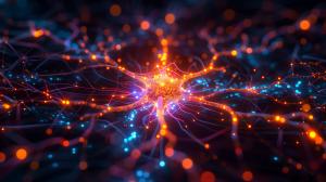 A vibrant visualization of a neural network with a central neuron and colorful synaptic connections.