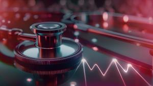 Download this stethoscope with glowing heartbeat line in a modern, vibrant setting.