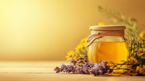 A jar of golden oil surrounded by vibrant flowers and lavender on a warm yellow background.