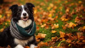 A happy dog in a scarf surrounded by colorful autumn leaves.