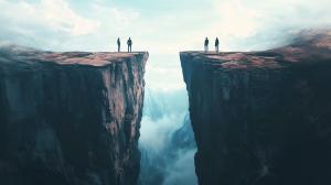 A dramatic landscape with two cliffs and silhouetted figures, symbolizing challenges and personal growth. 

